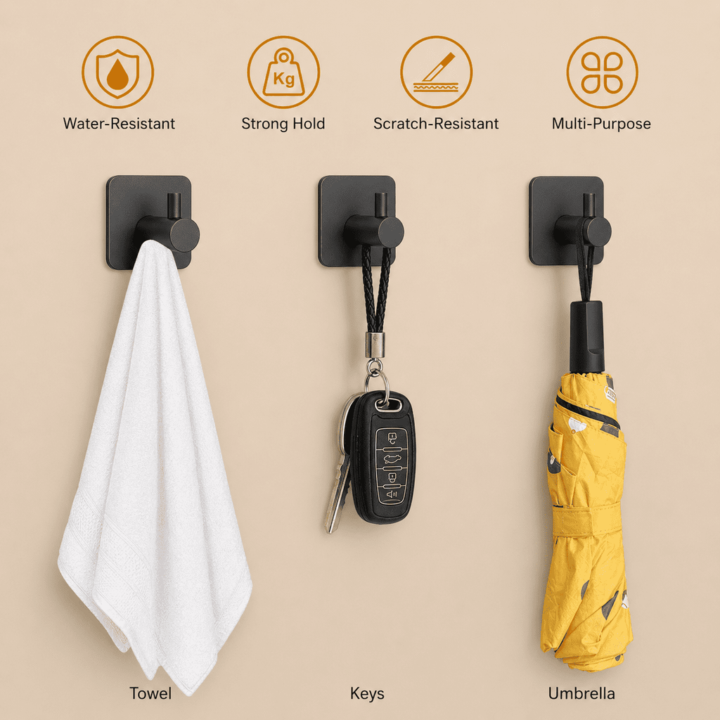 GQCLNBH Self Adhesive Hooks Heavy Duty, 6 Pack Matte Black Stainless Steel Towel Wall Hooks for Bathroom Kitchen, No Drill