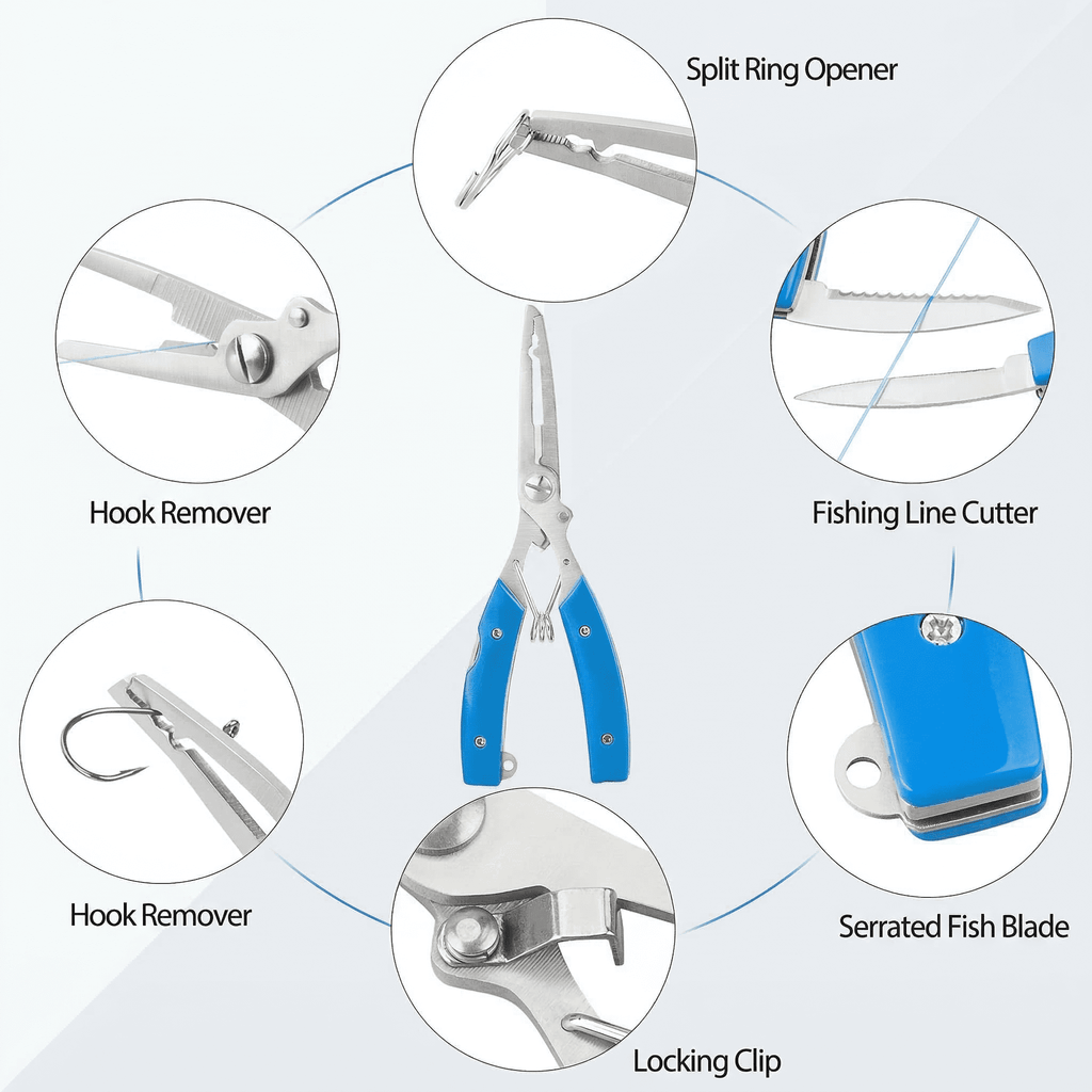 GQCLNBH Upgraded Fishing Pliers, Stainless Steel Hook Remover with Braid Line Cutter, Split Ring Opener, Sheath & Coiled Lanyard for Saltwater Freshwater