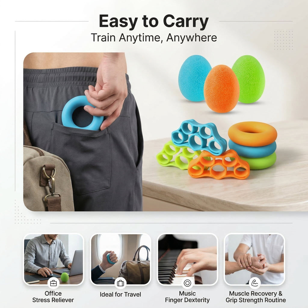 GQCLNBH 9-Piece Hand Grip Strengthener Kit, Silicone Grip Rings, Stress Balls & Finger Stretchers, 3 Resistance Levels