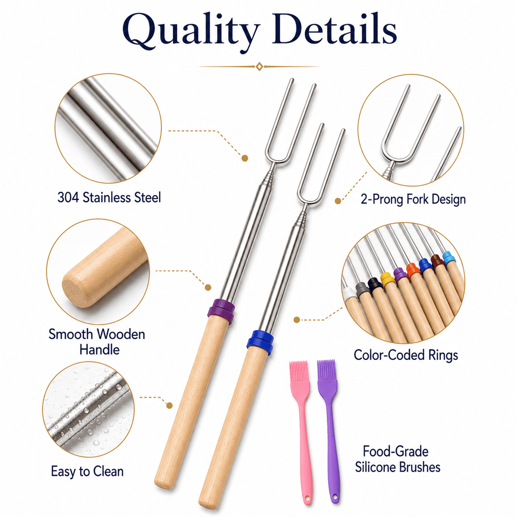 GQCLNBH 12 Pack Marshmallow Roasting Sticks, 32 Inch Telescoping Smores Forks with 2 Silicone Brushes and Storage Pouch
