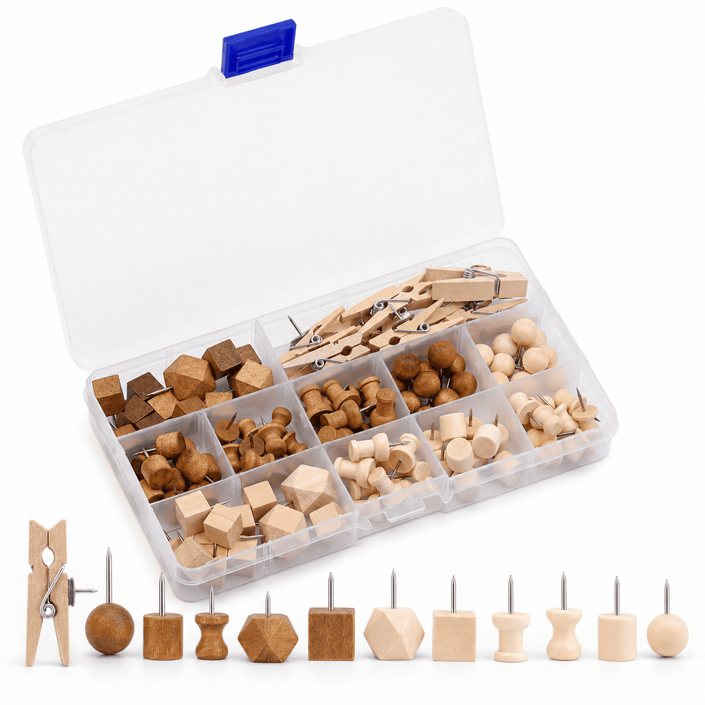 GQCLNBH 114 PCS Wooden Push Pins Set with Storage Box, Decorative Thumb Tacks & Mini Clothespins for Cork Bulletin Boards