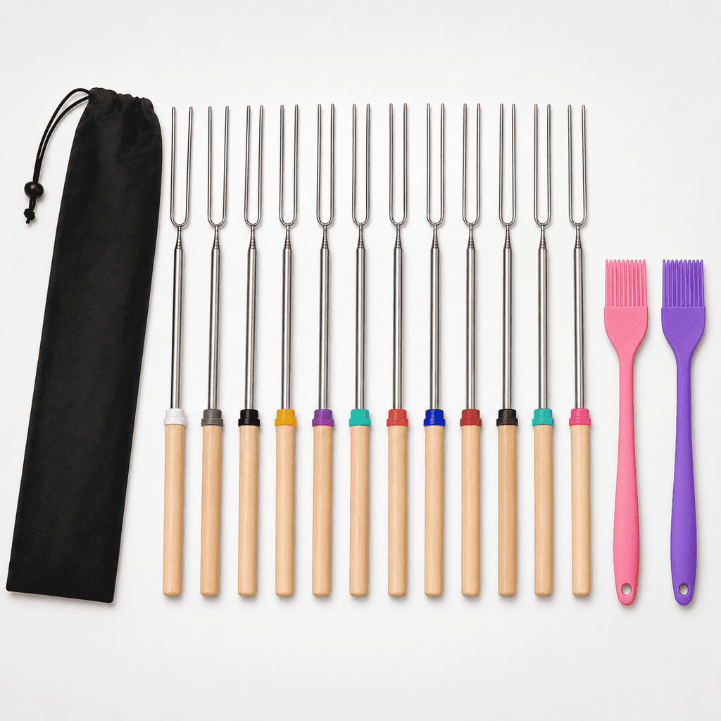 GQCLNBH 12 Pack Marshmallow Roasting Sticks, 32 Inch Telescoping Smores Forks with 2 Silicone Brushes and Storage Pouch