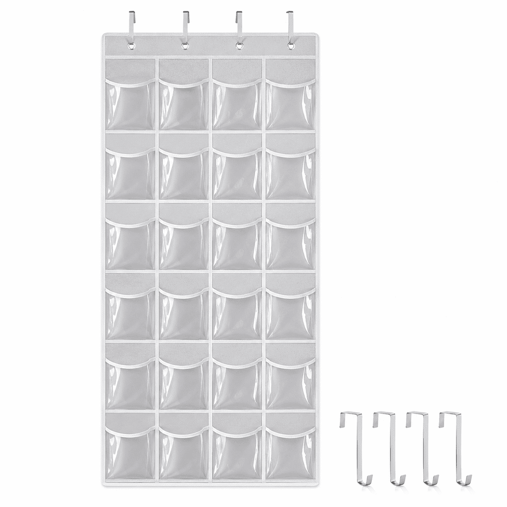 GQCLNBH 24-Pocket Over-the-Door Shoe Organizer, Clear Hanging Shoe Holder with 4 Metal Hooks, Closet Storage Bag, White, 1 Pack