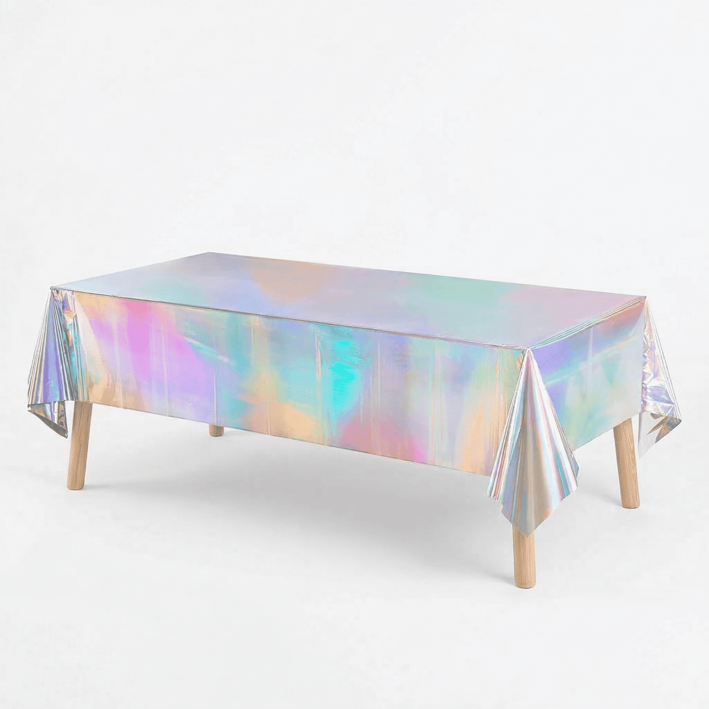GQCLNBH 4 Pack Iridescent Rectangle Table Covers, 2 x 54 x 108 in and 2 x 54 x 72 in, Holographic Plastic Party Tablecloth Set for Parties, Dessert Tables and Event Decor