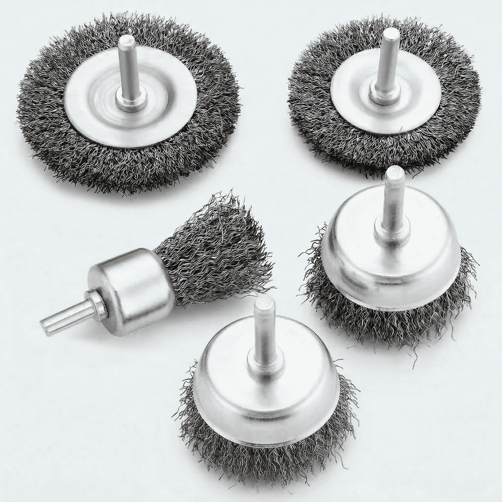 GQCLNBH 5PCS Wire Brush for Drill Set, 1/4 Inch Shank Wheel & Cup Brush Kit, Crimped Carbon Steel for Rust Removal, Paint Stripping