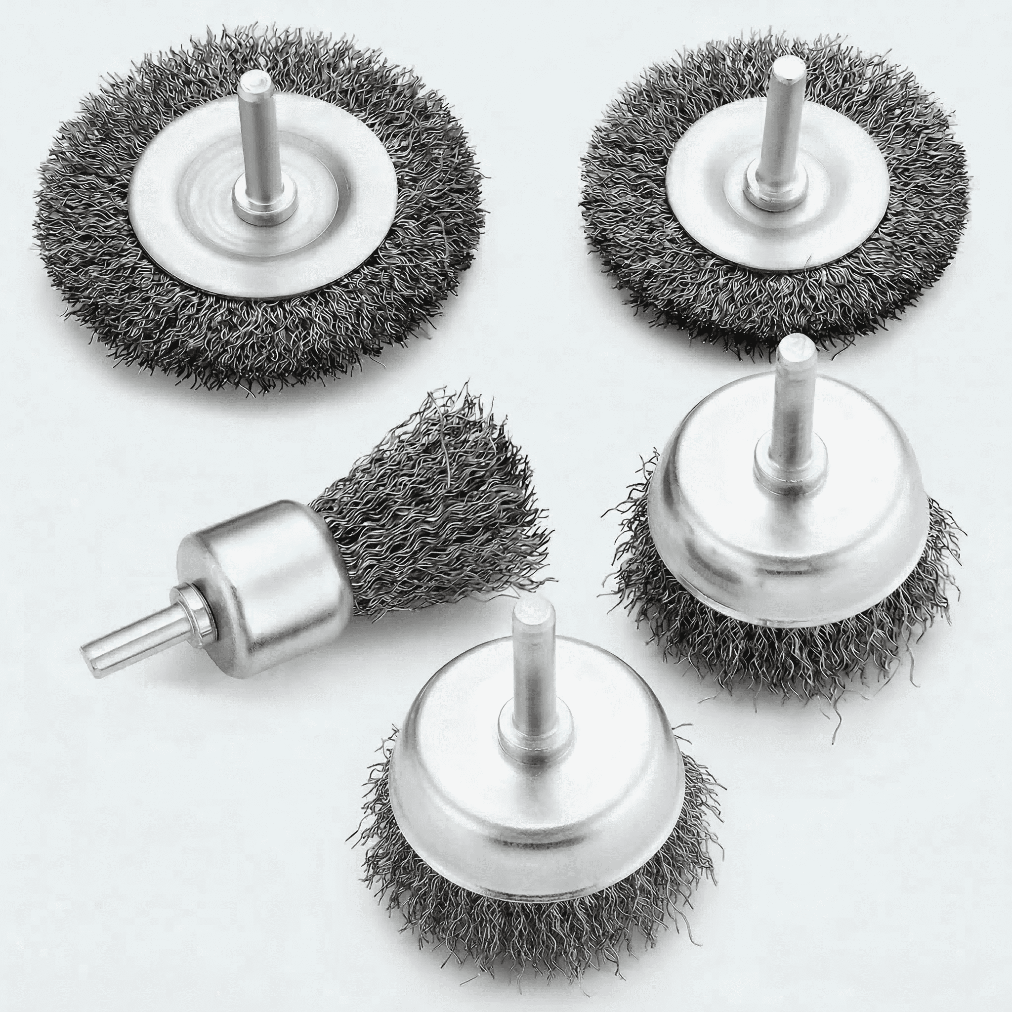 GQCLNBH 5PCS Wire Brush for Drill Set, 1/4 Inch Shank Wheel & Cup Brush Kit, Crimped Carbon Steel for Rust Removal, Paint Stripping