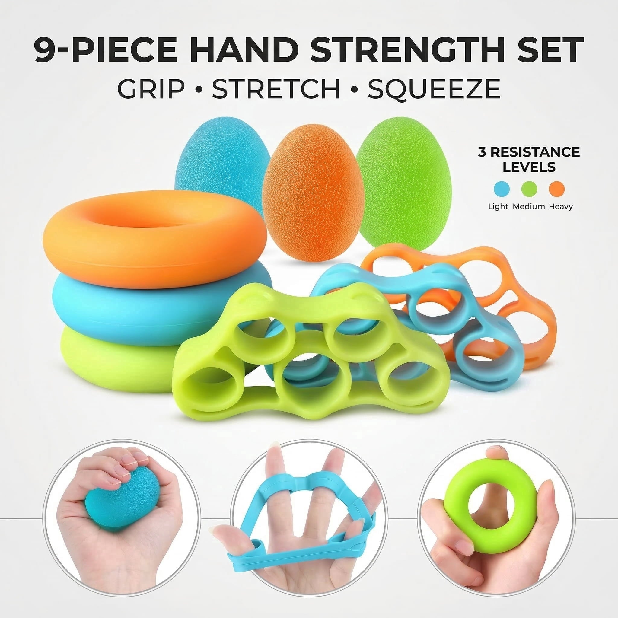 GQCLNBH 9-Piece Hand Grip Strengthener Kit, Silicone Grip Rings, Stress Balls & Finger Stretchers, 3 Resistance Levels