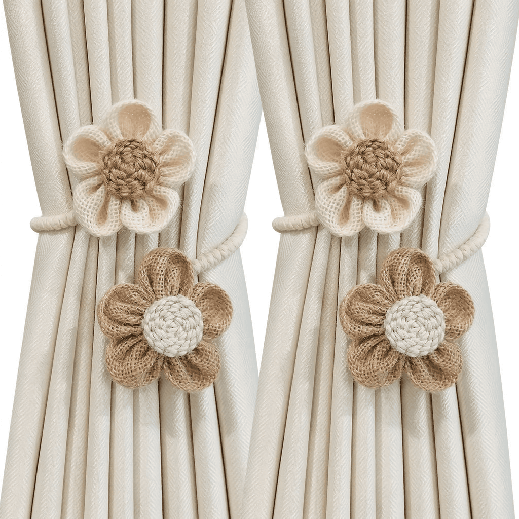 GQCLNBH Flower Curtain Tiebacks, 2 Pack Boho Curtain Holdbacks for Curtains, Decorative Rope Tie Backs, Beige & Khaki, Bedroom Living Room