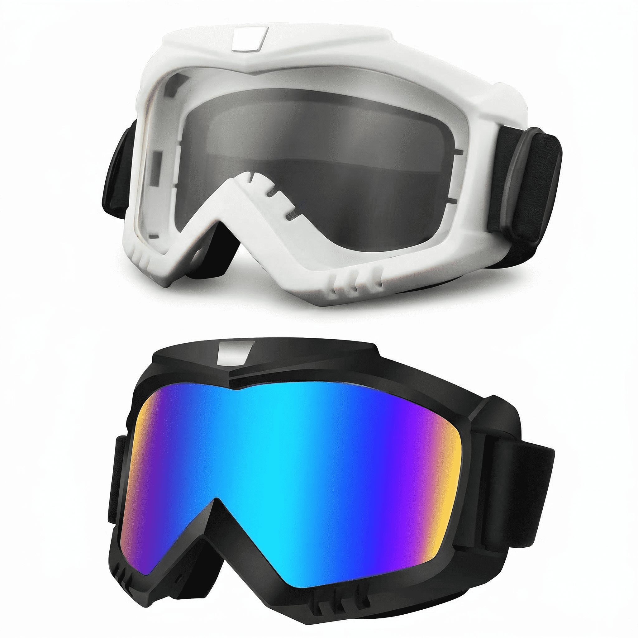 GQCLNBH Motorcycle Goggles 2 Pack, Dirt Bike Ski Riding Goggles, Helmet Compatible, Black Mirror Lens and White Clear Lens, Adjustable Strap