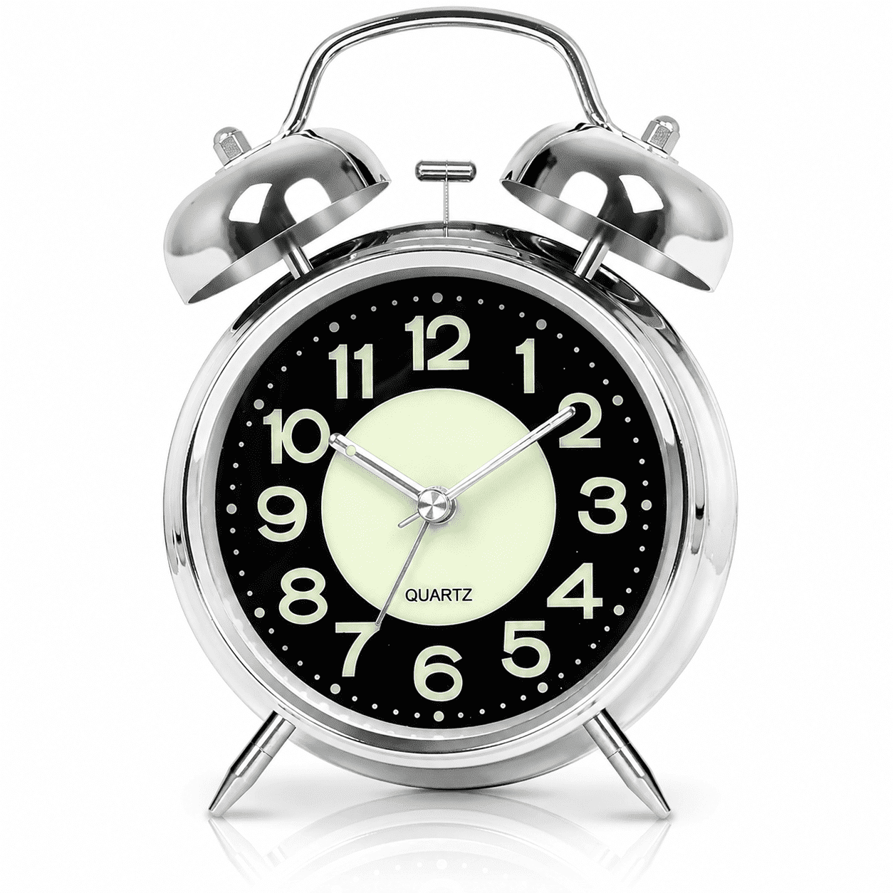 GQCLNBH Twin Bell Alarm Clock, Loud Analog Bedside Clock with Glow-in-the-Dark Dial, Silent Sweep, Night Light, Silver