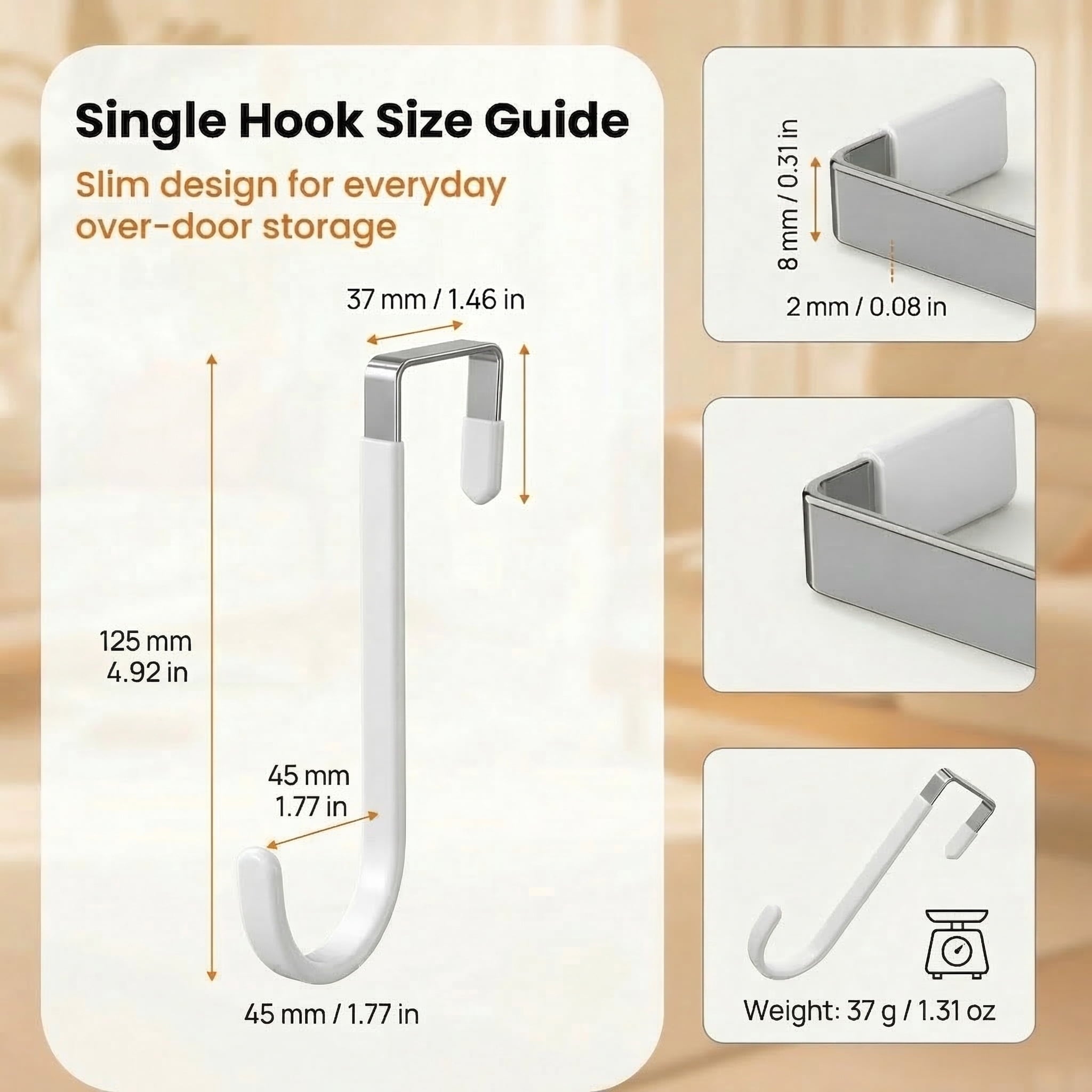 GQCLNBH Over The Door Hooks, 4 Pack Door Hangers with 2 Dual Hooks and 2 Single Hooks, Rubber Coated Metal, Fits 1.2-1.4 in Doors, White