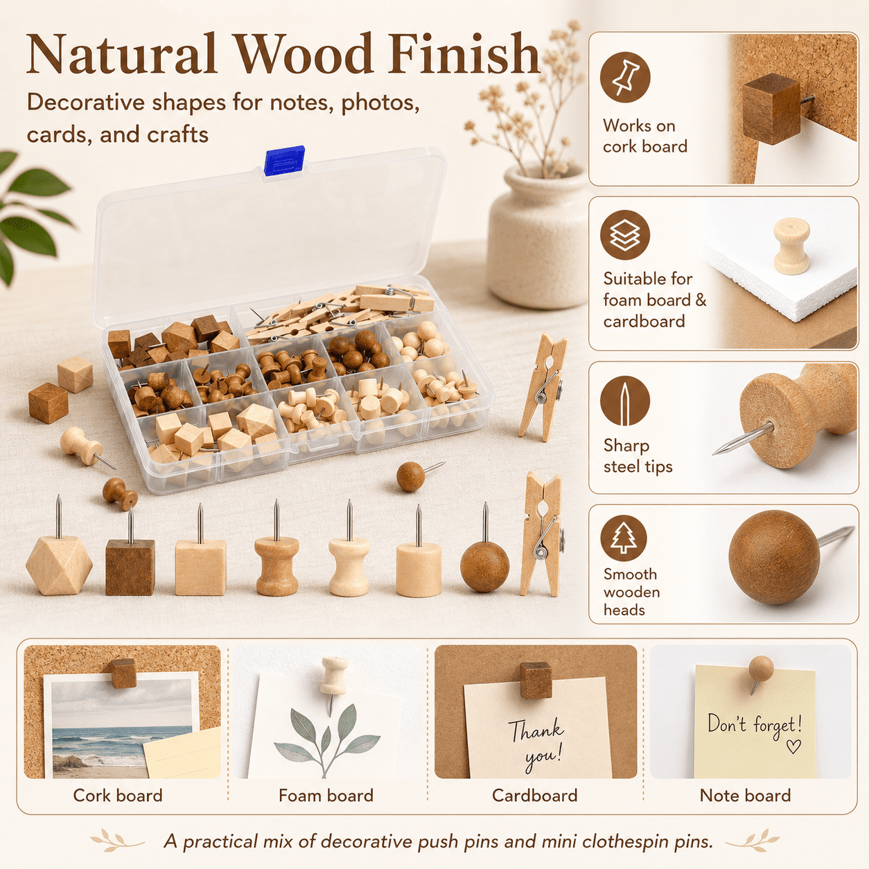 GQCLNBH 114 PCS Wooden Push Pins Set with Storage Box, Decorative Thumb Tacks & Mini Clothespins for Cork Bulletin Boards