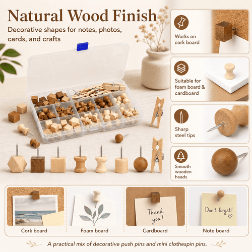 GQCLNBH 114 PCS Wooden Push Pins Set with Storage Box, Decorative Thumb Tacks & Mini Clothespins for Cork Bulletin Boards