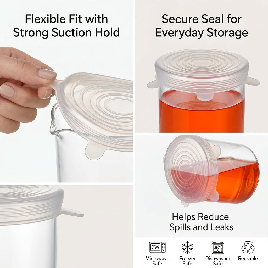 GQCLNBH 6-Pack Silicone Stretch Lids, Reusable Flexible Food Covers, 6 Assorted Sizes for Bowls, Cups, Jars and Containers, Clear Kitchen Covers