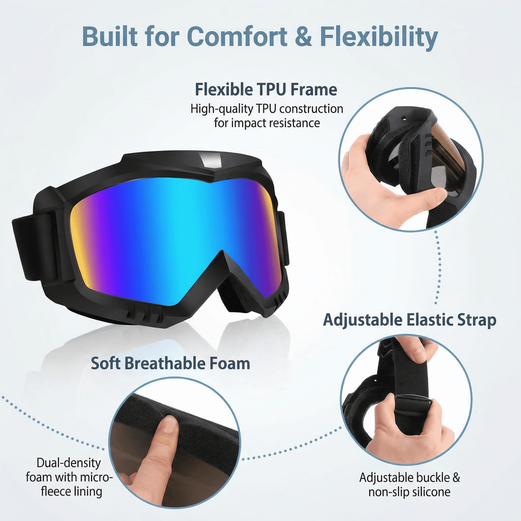 GQCLNBH Motorcycle Goggles 2 Pack, Dirt Bike Ski Riding Goggles, Helmet Compatible, Black Mirror Lens and White Clear Lens, Adjustable Strap