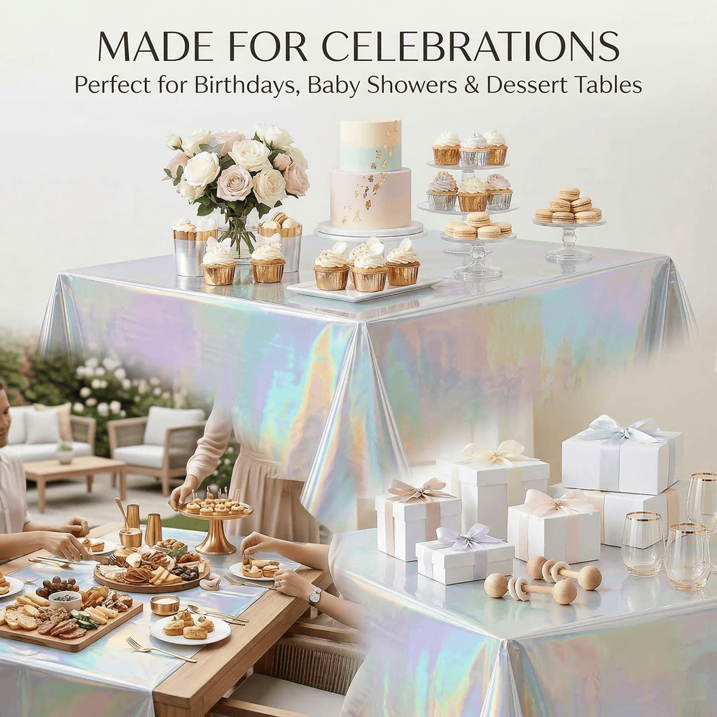 GQCLNBH 4 Pack Iridescent Rectangle Table Covers, 2 x 54 x 108 in and 2 x 54 x 72 in, Holographic Plastic Party Tablecloth Set for Parties, Dessert Tables and Event Decor