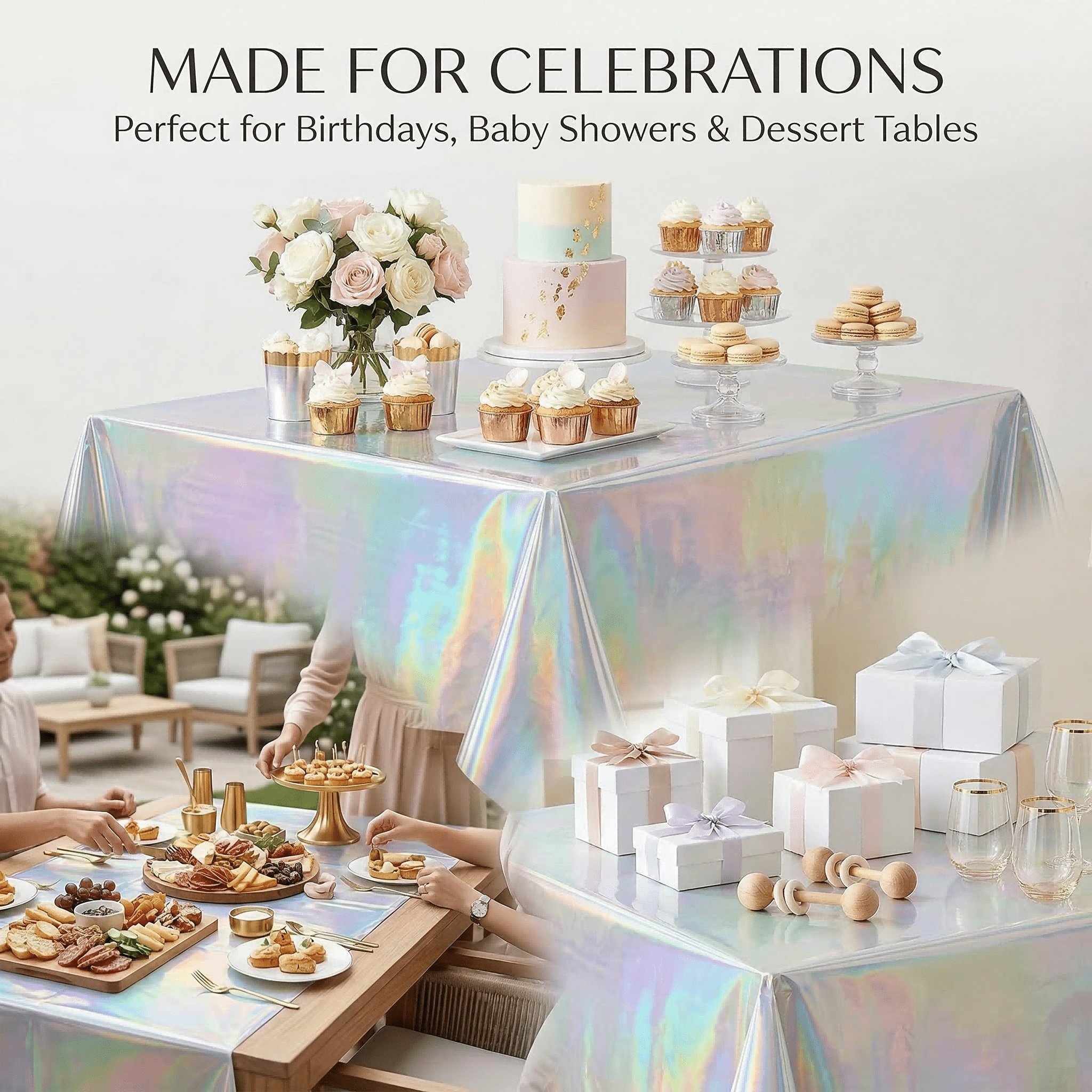 GQCLNBH 4 Pack Iridescent Rectangle Table Covers, 2 x 54 x 108 in and 2 x 54 x 72 in, Holographic Plastic Party Tablecloth Set for Parties, Dessert Tables and Event Decor