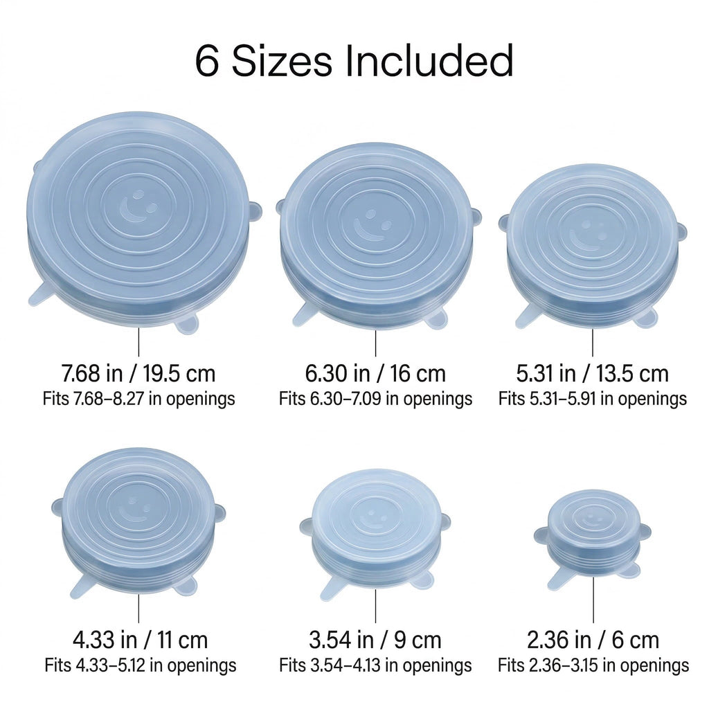 GQCLNBH 6-Pack Silicone Stretch Lids, Reusable Flexible Food Covers, 6 Assorted Sizes for Bowls, Cups, Jars and Containers, Clear Kitchen Covers
