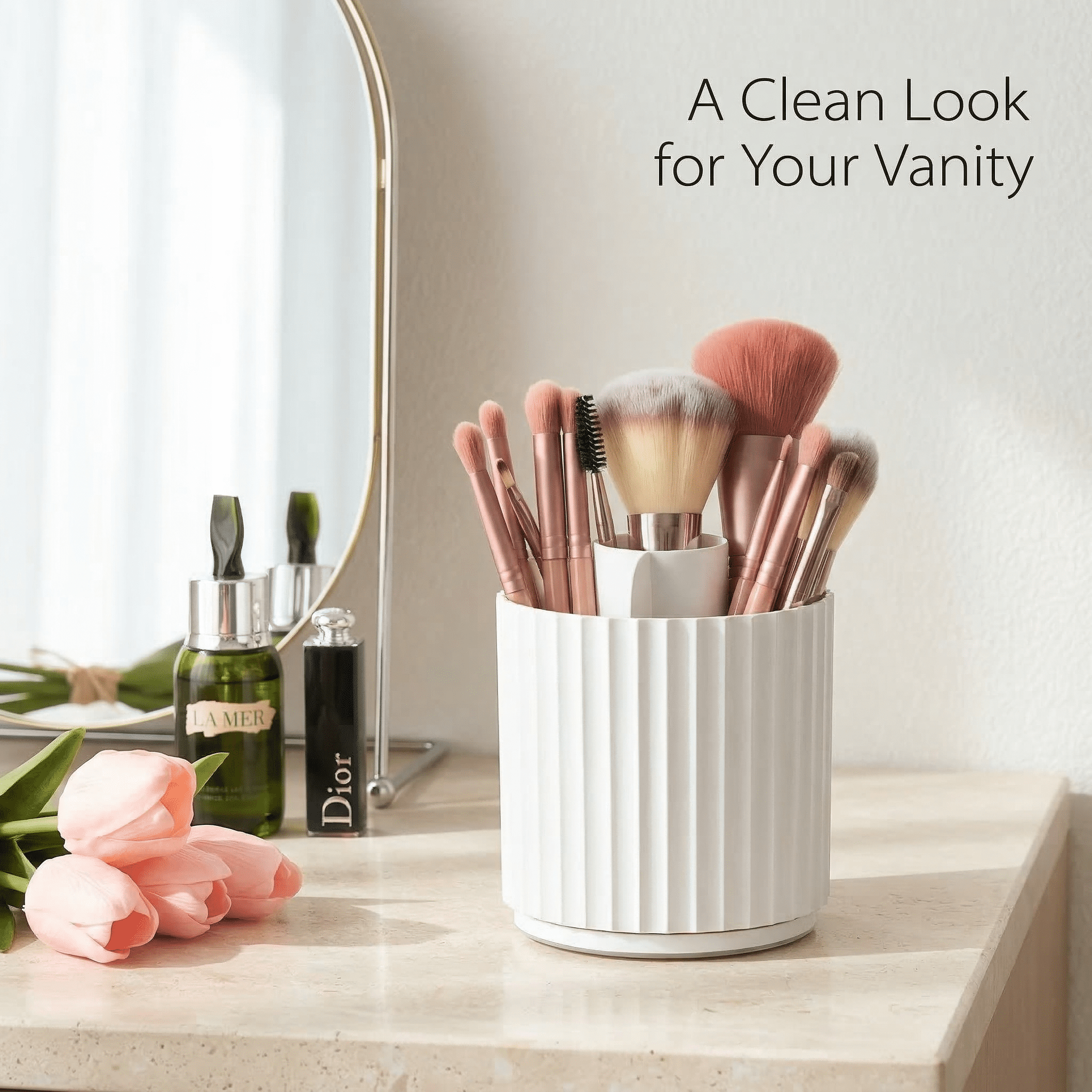 GQCLNBH Makeup Brush Holder with Clear Lid, 360 Rotating 5-Compartment Dustproof Makeup Brush Organizer for Vanity, White
