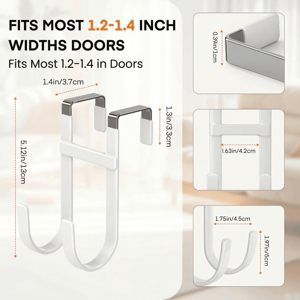 GQCLNBH Over The Door Hooks, 4 Pack Door Hangers with 2 Dual Hooks and 2 Single Hooks, Rubber Coated Metal, Fits 1.2-1.4 in Doors, White