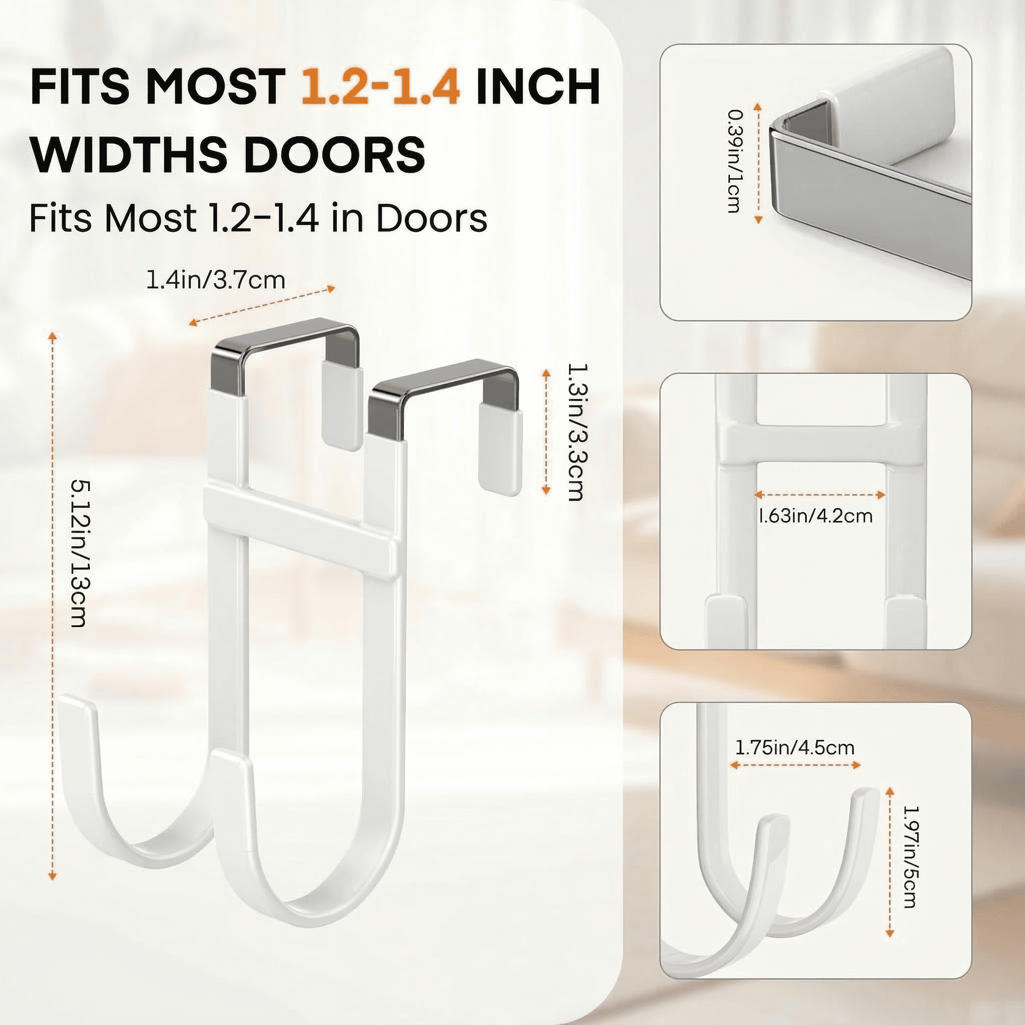 GQCLNBH Over The Door Hooks, 4 Pack Door Hangers with 2 Dual Hooks and 2 Single Hooks, Rubber Coated Metal, Fits 1.2-1.4 in Doors, White