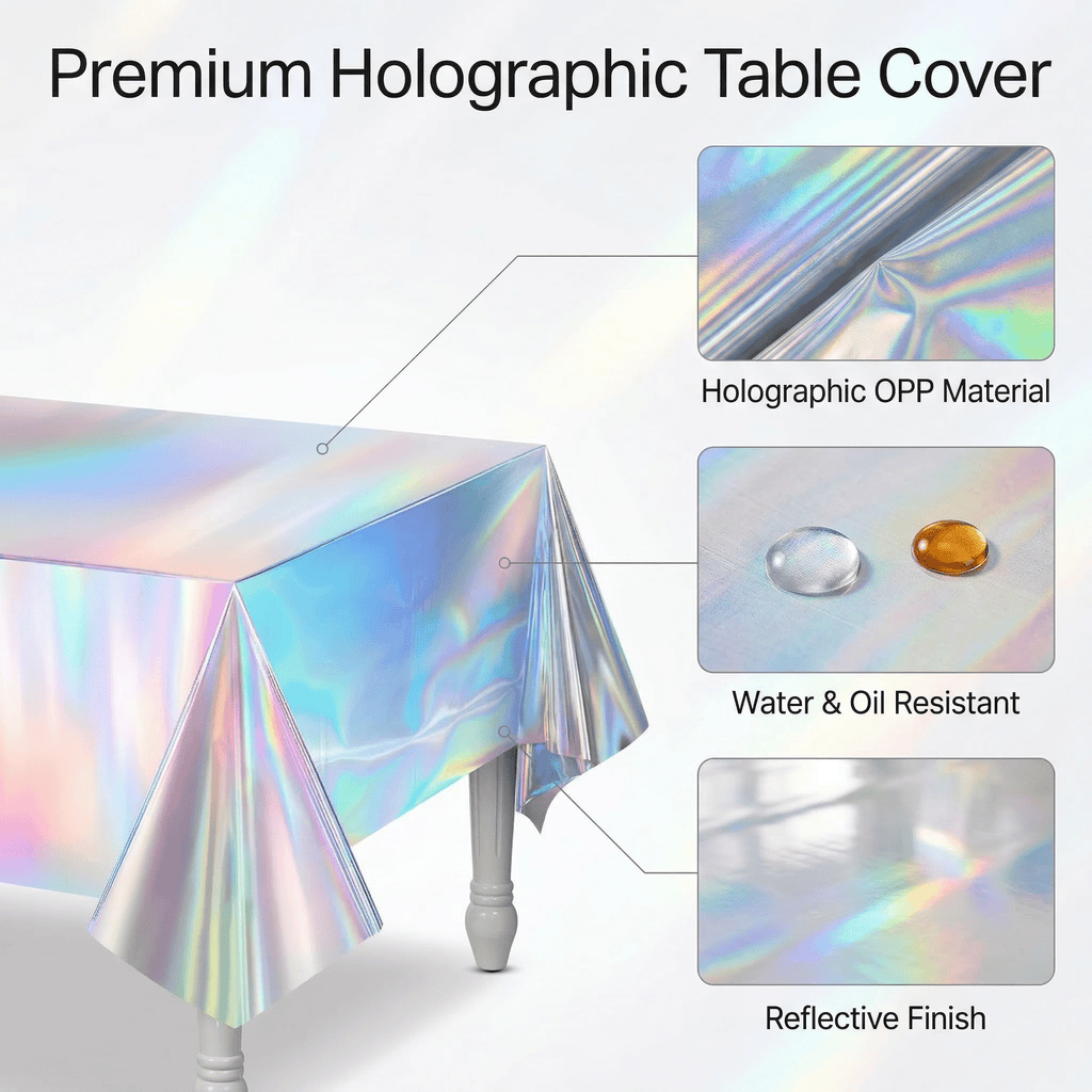 GQCLNBH 4 Pack Iridescent Rectangle Table Covers, 2 x 54 x 108 in and 2 x 54 x 72 in, Holographic Plastic Party Tablecloth Set for Parties, Dessert Tables and Event Decor