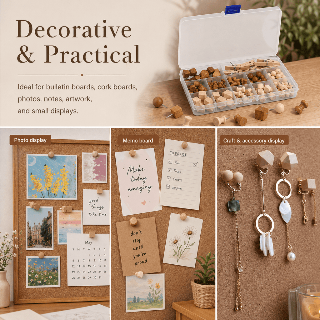 GQCLNBH 114 PCS Wooden Push Pins Set with Storage Box, Decorative Thumb Tacks & Mini Clothespins for Cork Bulletin Boards