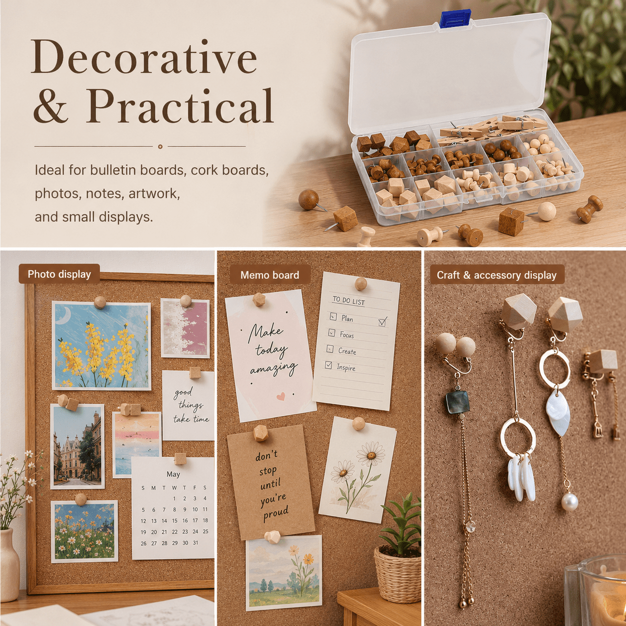 GQCLNBH 114 PCS Wooden Push Pins Set with Storage Box, Decorative Thumb Tacks & Mini Clothespins for Cork Bulletin Boards