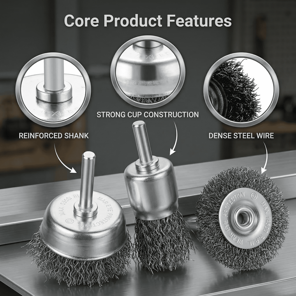 GQCLNBH 5PCS Wire Brush for Drill Set, 1/4 Inch Shank Wheel & Cup Brush Kit, Crimped Carbon Steel for Rust Removal, Paint Stripping