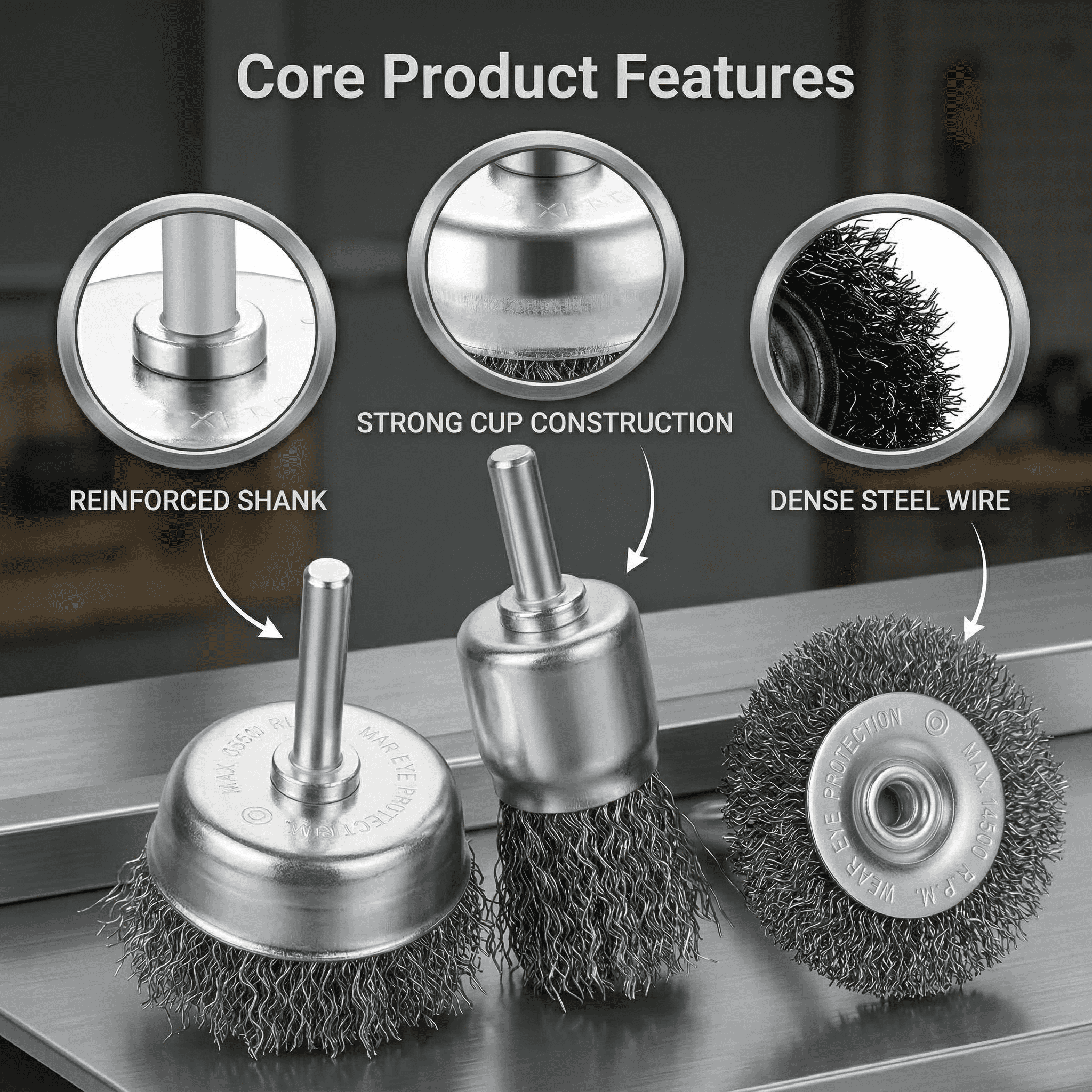 GQCLNBH 5PCS Wire Brush for Drill Set, 1/4 Inch Shank Wheel & Cup Brush Kit, Crimped Carbon Steel for Rust Removal, Paint Stripping