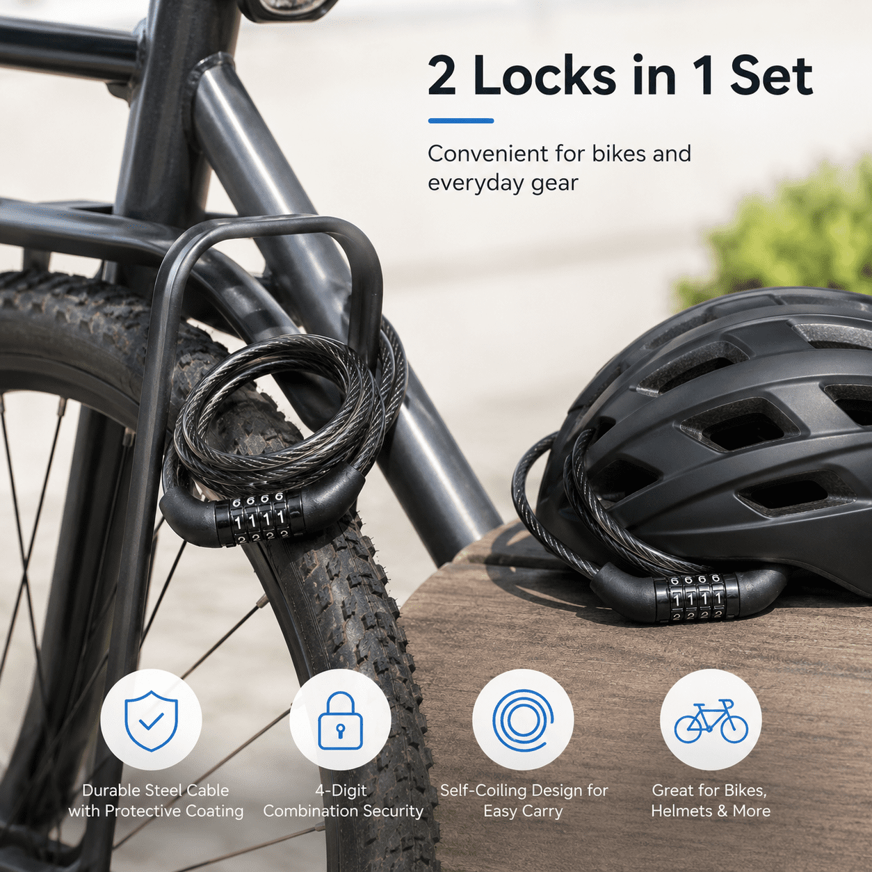 GQCLNBH Bike Locks with Combination, 2 Pack 4 ft Coiled Bicycle Cable Locks, 4-Digit Keyless Steel Cable Lock for Bikes, Scooters