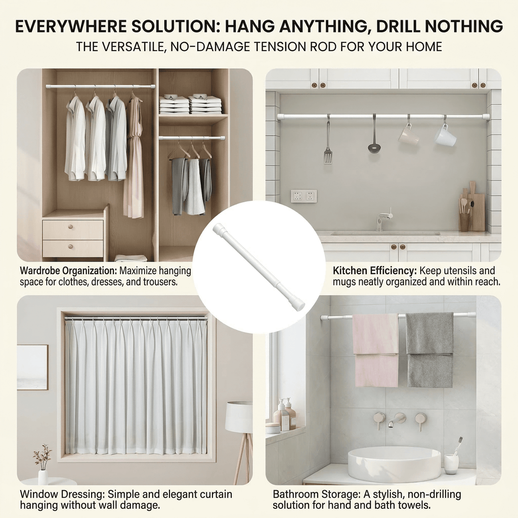 GQCLNBH 2 Pack Spring Tension Curtain Rod Set with 6 Adhesive Holders, Adjustable 20-35 in, White, for Windows, Closets and Cabinets