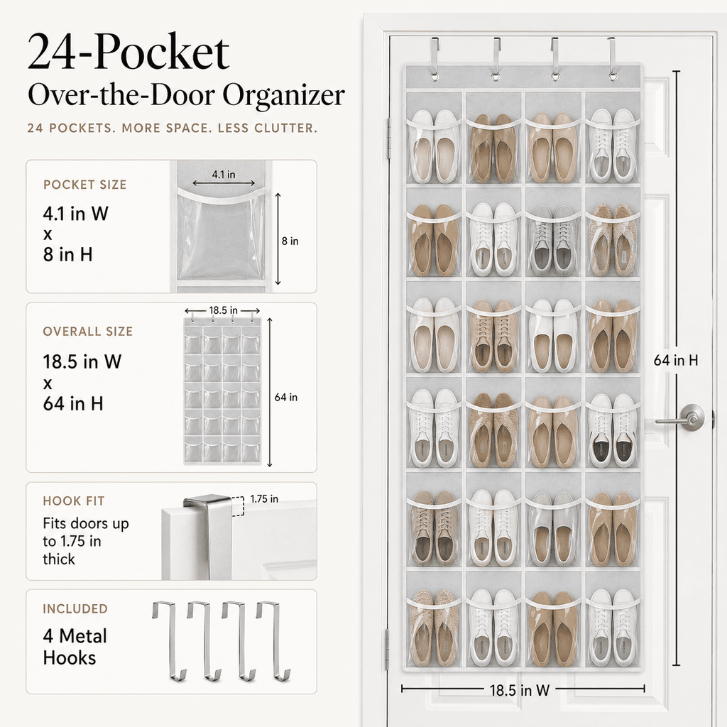 GQCLNBH 24-Pocket Over-the-Door Shoe Organizer, Clear Hanging Shoe Holder with 4 Metal Hooks, Closet Storage Bag, White, 1 Pack