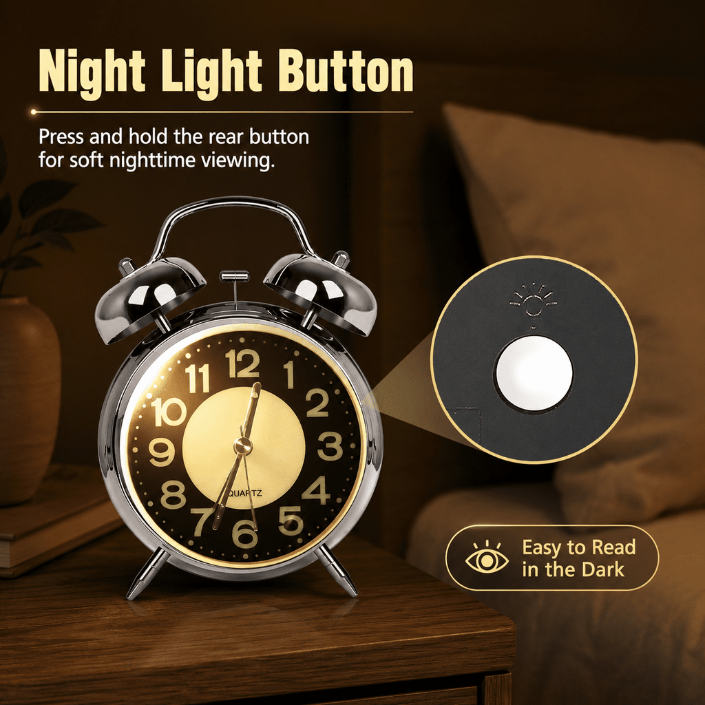GQCLNBH Twin Bell Alarm Clock, Loud Analog Bedside Clock with Glow-in-the-Dark Dial, Silent Sweep, Night Light, Silver