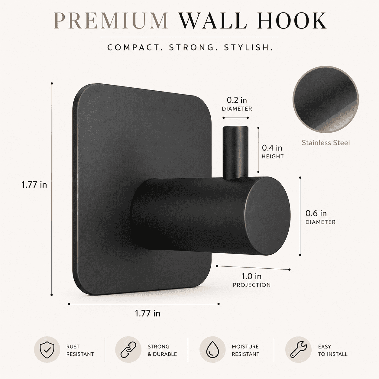 GQCLNBH Self Adhesive Hooks Heavy Duty, 6 Pack Matte Black Stainless Steel Towel Wall Hooks for Bathroom Kitchen, No Drill