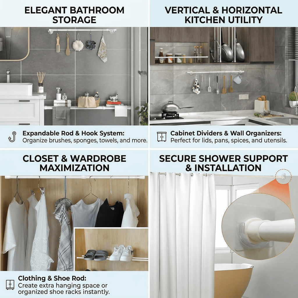 GQCLNBH 2 Pack Spring Tension Curtain Rod Set with 6 Adhesive Holders, Adjustable 20-35 in, White, for Windows, Closets and Cabinets