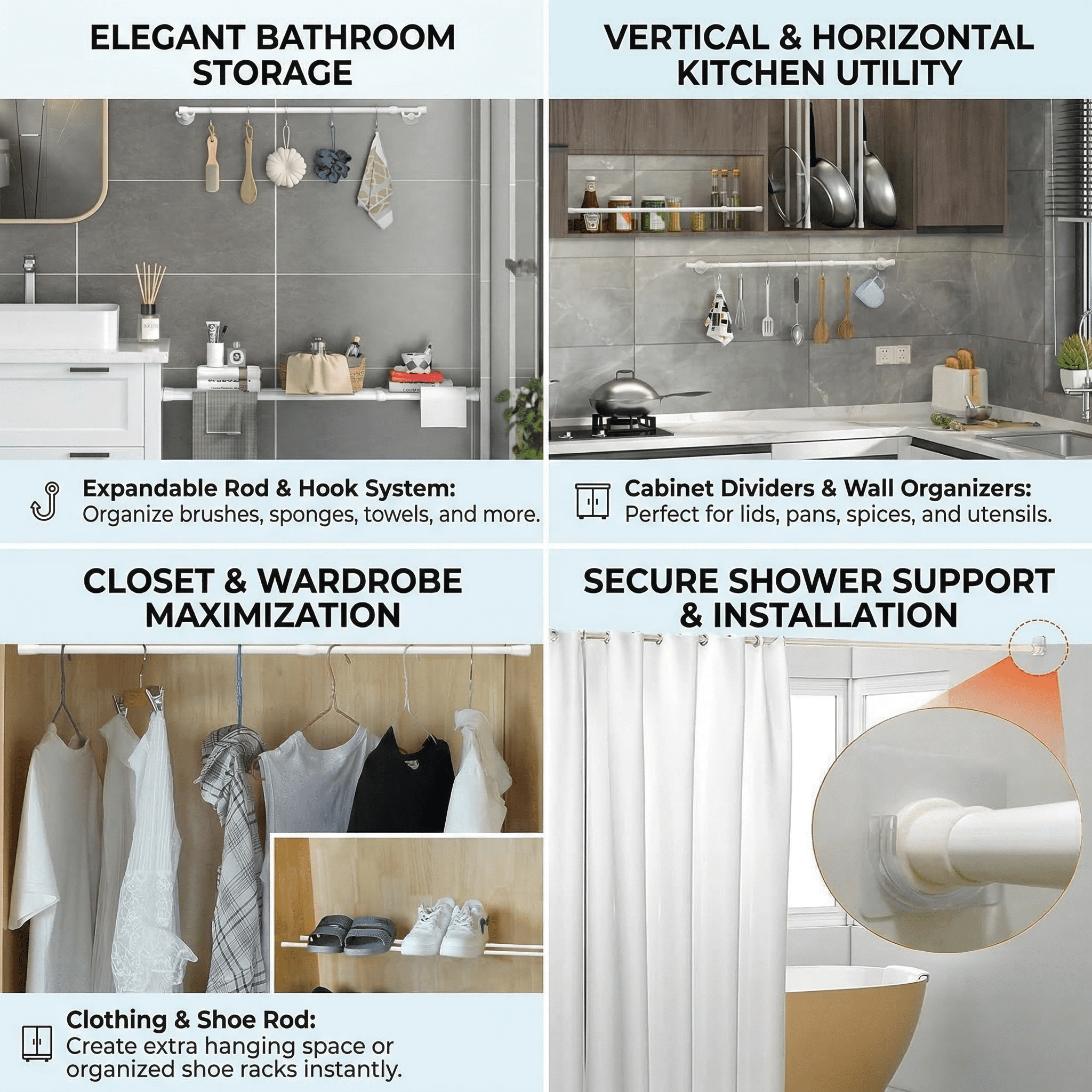 GQCLNBH 2 Pack Spring Tension Curtain Rod Set with 6 Adhesive Holders, Adjustable 20-35 in, White, for Windows, Closets and Cabinets