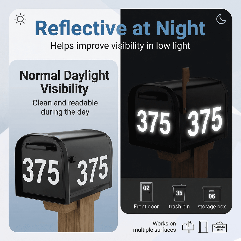 GQCLNBH Reflective Mailbox Numbers for Outside, 3 Inch Self Adhesive House Address Stickers, 6 Sheets White and Black, 0-9 for Mailbox, Door, Bin