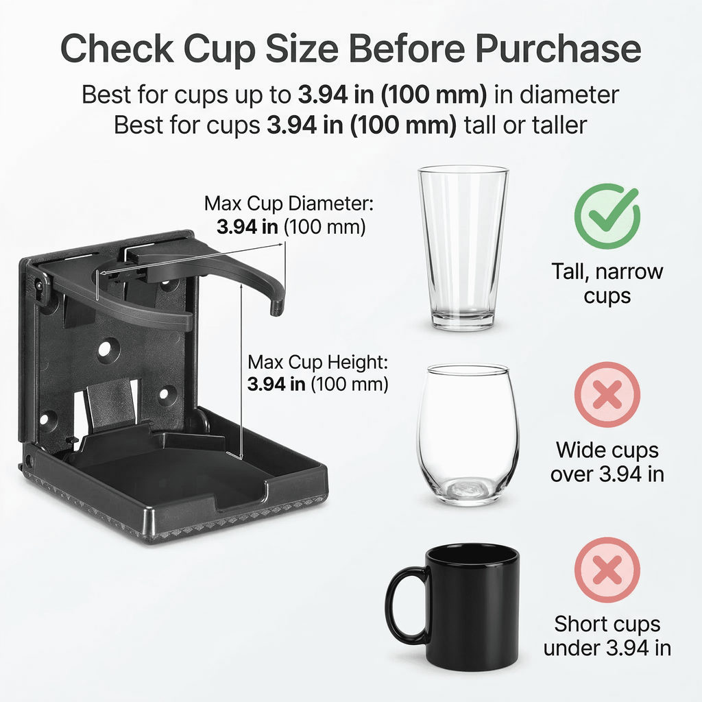 GQCLNBH Wall Mount Folding Cup Holder, 2 Pack Adjustable Foldable Drink Holder for Boat Car RV Truck, Fits Cups Bottles up to 3.94 In, Black