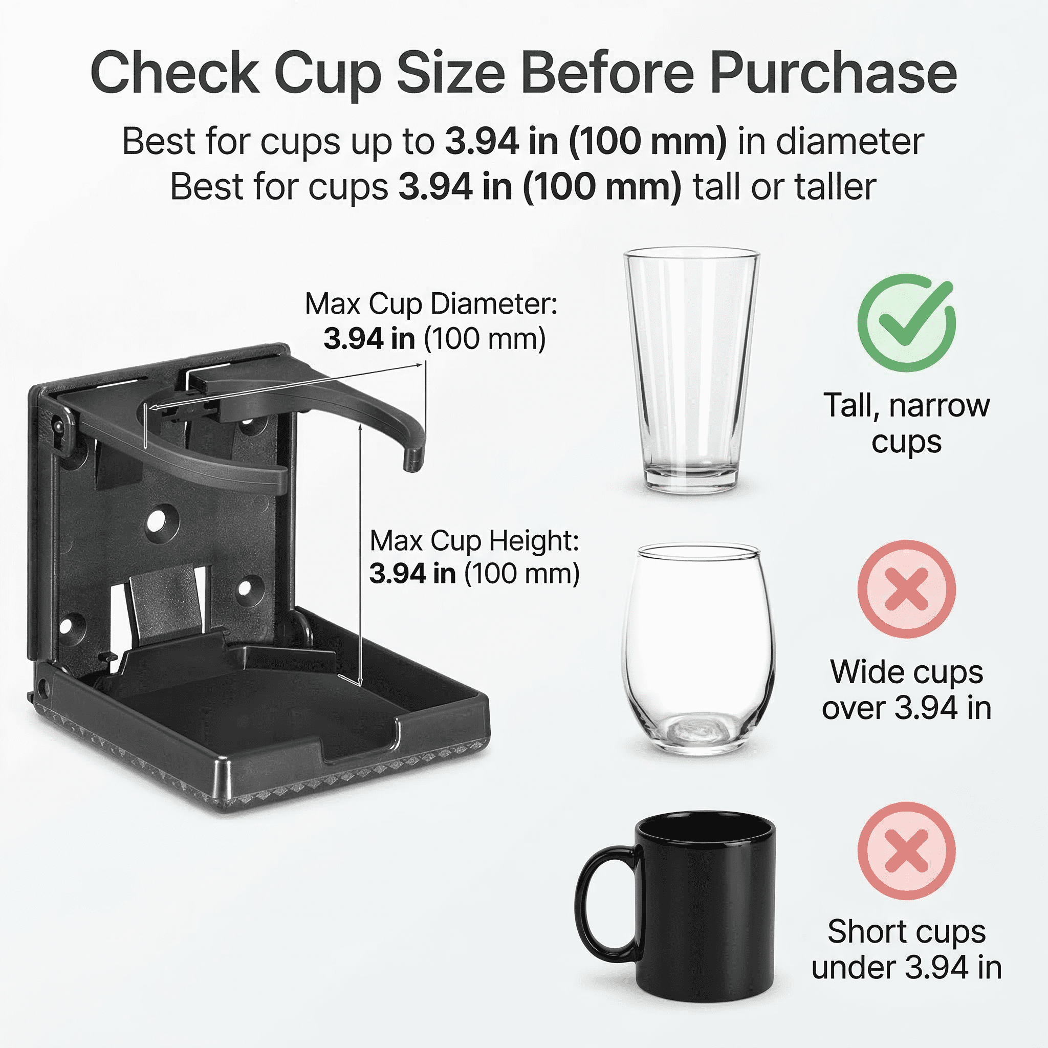 GQCLNBH Wall Mount Folding Cup Holder, 2 Pack Adjustable Foldable Drink Holder for Boat Car RV Truck, Fits Cups Bottles up to 3.94 In, Black