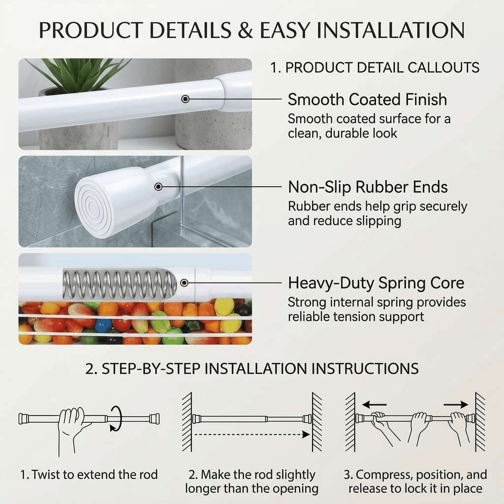 GQCLNBH 2 Pack Spring Tension Curtain Rod Set with 6 Adhesive Holders, Adjustable 20-35 in, White, for Windows, Closets and Cabinets