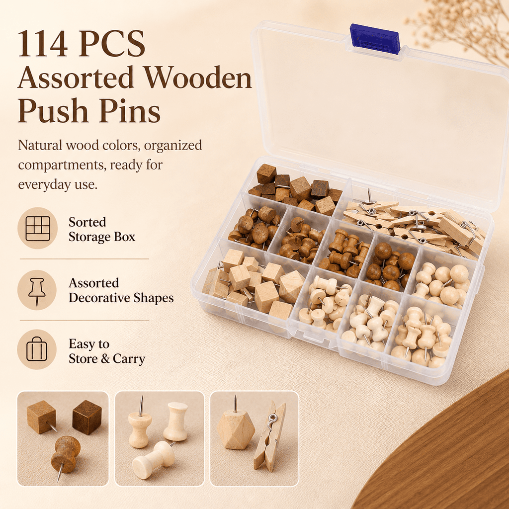 GQCLNBH 114 PCS Wooden Push Pins Set with Storage Box, Decorative Thumb Tacks & Mini Clothespins for Cork Bulletin Boards