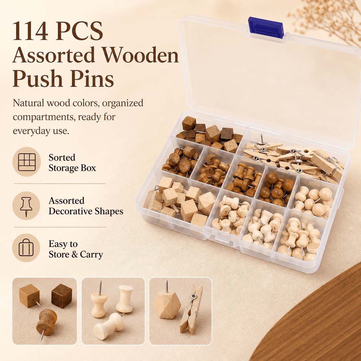 GQCLNBH 114 PCS Wooden Push Pins Set with Storage Box, Decorative Thumb Tacks & Mini Clothespins for Cork Bulletin Boards