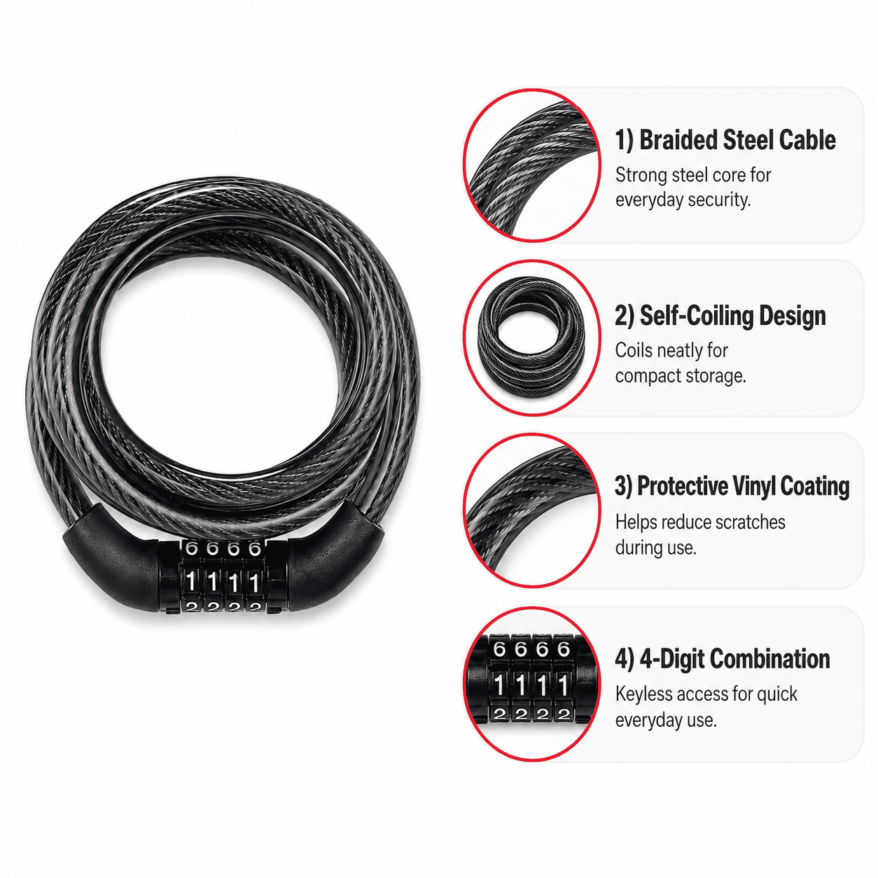 GQCLNBH Bike Locks with Combination, 2 Pack 4 ft Coiled Bicycle Cable Locks, 4-Digit Keyless Steel Cable Lock for Bikes, Scooters
