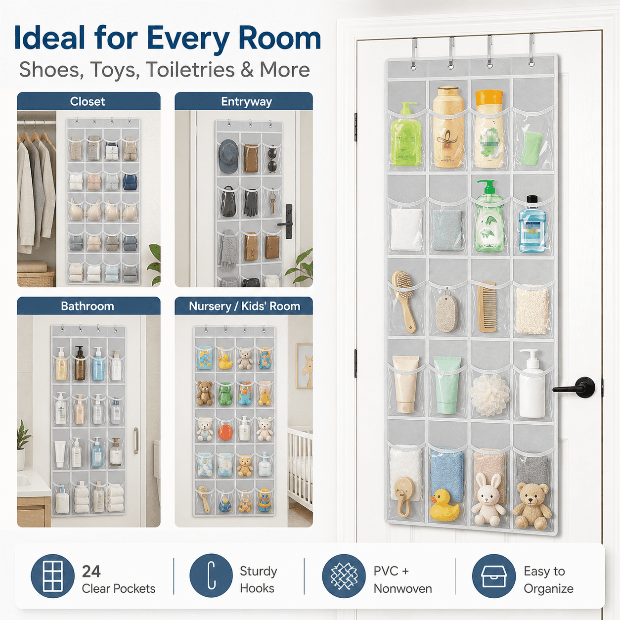 GQCLNBH 24-Pocket Over-the-Door Shoe Organizer, Clear Hanging Shoe Holder with 4 Metal Hooks, Closet Storage Bag, White, 1 Pack